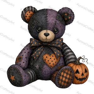 Gotiskt lapptäcke nallebjörn Halloween Clipart-paket, ren vit bakgrund JPG, digital nedladdning