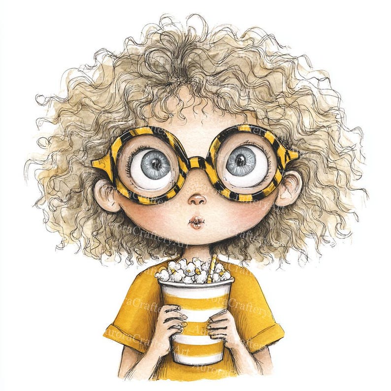 May include: Watercolor illustration of a child with curly blonde hair, wearing yellow and black striped glasses and a yellow shirt. The child is holding a popcorn bucket with a yellow and white striped design.