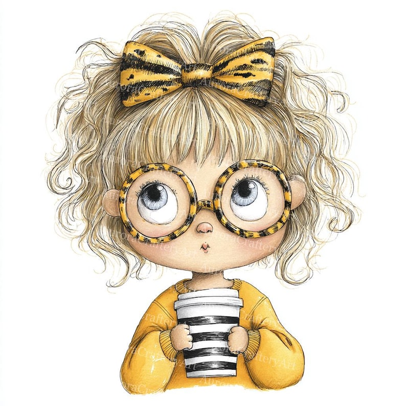 May include: Illustration of a girl with blonde curly hair, wearing a yellow sweater and large round glasses with a leopard print. She has a matching bow in her hair and is holding a black and white striped coffee cup.