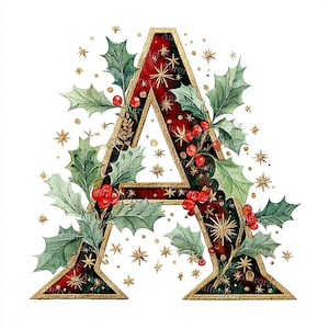 May include: A festive letter "A" design with a Christmas theme. The letter is outlined in gold and filled with a red and green pattern, adorned with holly leaves, red berries, and gold star accents. A decorative holiday design.