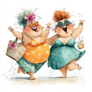 Puede incluir: Ilustración en acuarela de dos mujeres alegres con ropa de playa. Una lleva un traje de baño naranja y un bolso de mano de paja con flores rosas. La otra lleva un vestido turquesa y sostiene una bebida. Ambas llevan gafas de sol y sonríen.
