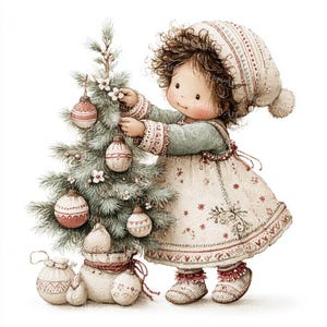 May include: A watercolor illustration of a young child decorating a Christmas tree. The child wears a patterned hat, dress, and boots. The tree is adorned with ornaments. Decorative bags and ornaments are at the base of the tree.