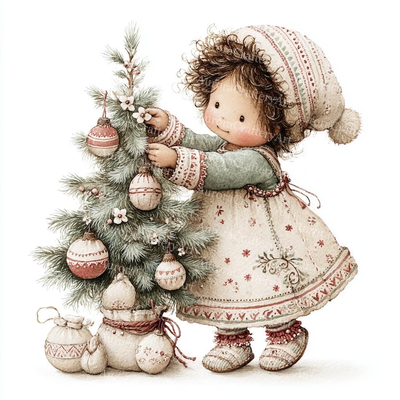 May include: A watercolor illustration of a young child decorating a Christmas tree. The child wears a patterned hat, dress, and boots. The tree is adorned with ornaments. Decorative bags and ornaments are at the base of the tree.