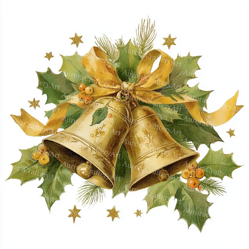16 Christmas Bell Clipart: Golden Watercolor Jingle Bells (digital ...