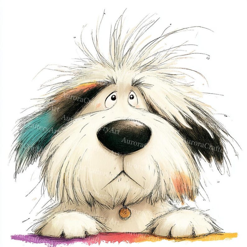 May include: A charming illustration of a fluffy white dog with a large black nose and expressive eyes. The dog's fur has accents of black and colourful streaks. A small, round tag hangs from its neck, and the dog appears to be resting its paws on a rainbow-coloured surface.