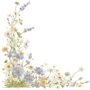 Op de afbeelding: Waterverfillustratie van een bloemstuk met madeliefjes, lavendel en andere wilde bloemen. De bloemen zijn in tinten wit, geel, blauw en perzik, met groene stelen en bladeren. Op een witte achtergrond.