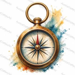 Puede incluir: Una brújula redonda de latón con un anillo superior circular, que presenta un dial de rosa de los vientos detallado con una aguja roja prominente. La brújula está sobre un fondo de salpicaduras de pintura de acuarela azul y amarilla.