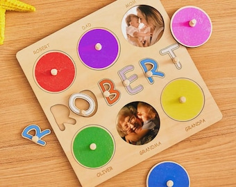 Aangepaste foto gegraveerde houten naampuzzel | Gepersonaliseerde babyherinneringsspeelgoed