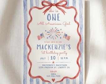 Our All American Girl First Birthday Invitation Template Patriotic 1st Birthday Invite Red White Blue Birthday She is One All American Girl