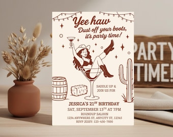 Invitación de cumpleaños estilo vaquera, editable, dibujada a mano, invitada de vaquera, ¡ensilla ye haw!, invitación de cumpleaños número 21, fiesta vaquera