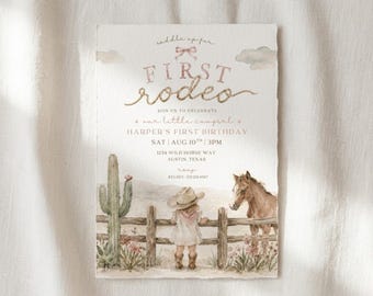 First Rodeo Invitation Template, Little Cowgirl Birthday Invitation, Pink Western First Birthday Invite, Editable Canva Template