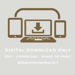 Puede incluir: Gr&aacute;fico de descarga digital marr&oacute;n, que muestra un port&aacute;til, una tableta y un smartphone conectados por una l&iacute;nea curva. El port&aacute;til muestra un icono de descarga. El texto dice "SOLO DESCARGA DIGITAL" e indica editar, descargar, compartir o imprimir.