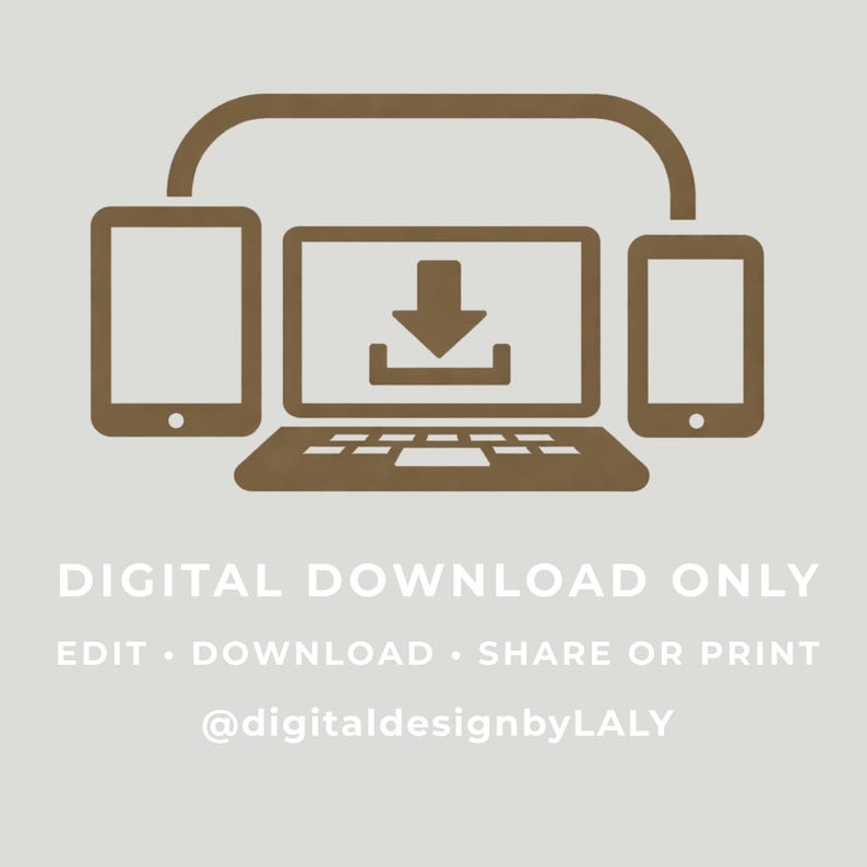 Puede incluir: Gr&aacute;fico de descarga digital marr&oacute;n, que muestra un port&aacute;til, una tableta y un smartphone conectados por una l&iacute;nea curva. El port&aacute;til muestra un icono de descarga. El texto dice "SOLO DESCARGA DIGITAL" e indica editar, descargar, compartir o imprimir.