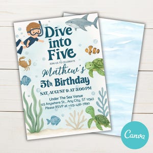 May include: A birthday invitation with an underwater theme. The invitation features a diver, shark, fish, and turtles. The text reads "Dive into Five" and "Mathew's 5th Birthday". The back of the invitation has a blue watercolor design.