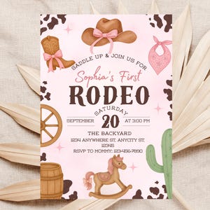 First Rodeo Cowgirl Birthday Invitation | Editable Girl 1st Birthday Invite | Western Rodeo Theme | Pink Country Digital Template Download