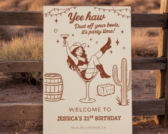 Western Birthday Welcome Sign Template • Cowgirl Party Sign • Editable Canva Welcome Poster • 21st Birthday Yeehaw Sign Disco Western Decor
