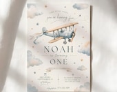 Airplane First Birthday Invitation – Time Flies Party Invite – Vintage Pilot Theme – Boy 1st Birthday Printable – Blue Editable Invite