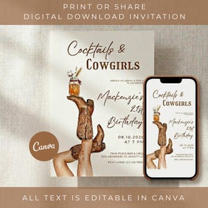 May include: Digital download invitation with the text "Cocktails & Cowgirls" and "Mackenzie's 21st Birthday". The design features watercolor illustrations of cowboy boots and a jar with flowers. The invitation is editable in Canva.