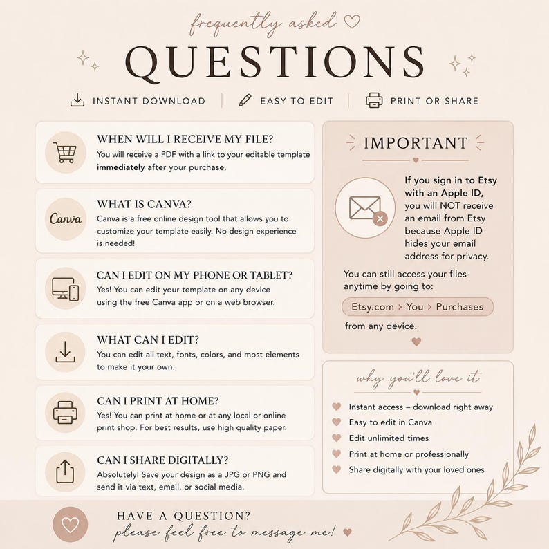 May include: A beige and white graphic with the text "frequently asked QUESTIONS" and answers about digital templates. Topics include Canva, editing, printing, and sharing. The graphic also includes a section about accessing files on Etsy.