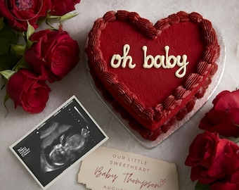 Plantilla de anuncio de embarazo de San Valentín, Oh, bebé, ecografía, revelación, Canva editable, pequeño San Valentín en camino, descarga digital, pastel de corazón