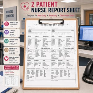Puede incluir: Un portapapeles de madera marrón con una hoja de informe de enfermería blanca para dos pacientes, que incluye secciones para neuro, cardíaco, respiratorio, GI, GU, drenajes, movilidad, situación, piel, tareas, alta y laboratorios clave.