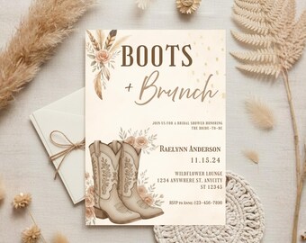 Boots and Brunch Bridal Shower Invitation | Boho Western Bridal Shower Invite | Rustic Cowgirl Editable Canva Template | Digital Download