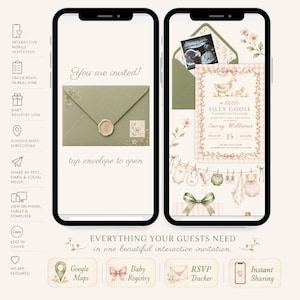 A Little Silly Goose Is Almost On The Loose Interactive Baby Shower Website Invitation, Pink and Sage Canva Template with RSVP Tracker