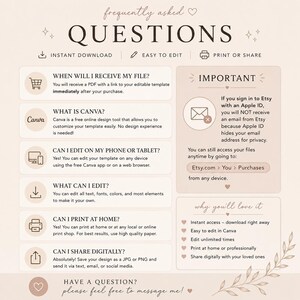 Puede incluir: Un gr&aacute;fico informativo beige titulado FREQUENTLY ASKED QUESTIONS con texto marr&oacute;n oscuro. Enumera seis preguntas comunes sobre la edici&oacute;n, impresi&oacute;n y uso compartido de archivos digitales, adem&aacute;s de una nota importante sobre la configuraci&oacute;n de Apple ID.