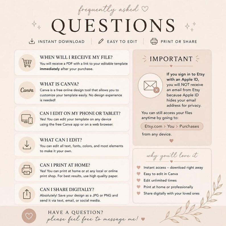 Puede incluir: Un gr&aacute;fico informativo beige titulado FREQUENTLY ASKED QUESTIONS con texto marr&oacute;n oscuro. Enumera seis preguntas comunes sobre la edici&oacute;n, impresi&oacute;n y uso compartido de archivos digitales, adem&aacute;s de una nota importante sobre la configuraci&oacute;n de Apple ID.