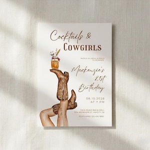 May include: Invitation with the text "Cocktails & Cowgirls" and "Mackenzie's 21st Birthday". The design features watercolor illustrations of cowboy boots, a jar with flowers, and event details.