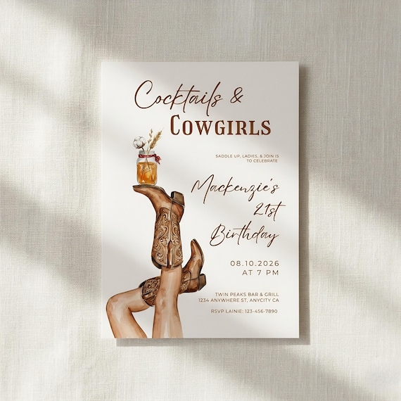 Cocktails and Cowgirls Invitation Template, Cowgirl Hoedown Invitation, 21st Birthday Invite, Western Party Invite, Editable Canva Template