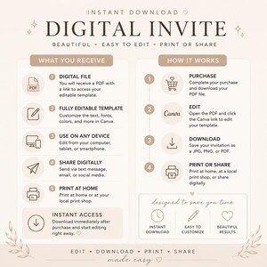 May include: A digital invite template with instructions. The design includes the text "DIGITAL INVITE" and details on what you receive, how it works, and instant access. The template is easy to edit, print, or share.