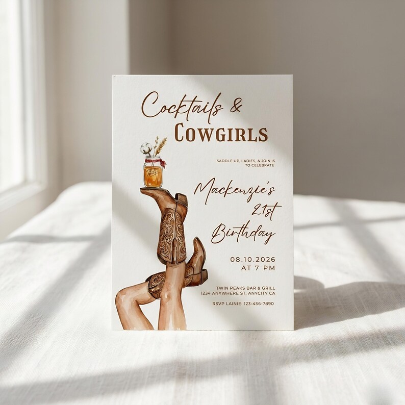May include: A beige invitation card with the text "Cocktails & Cowgirls" and "Mackenzie's 21st Birthday". The design includes watercolor illustrations of cowboy boots, a jar with a drink, and floral accents. The event details are also included.