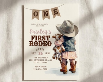 First Rodeo Invitation Girl Cowgirl 1st Birthday Invite Western 1st Birthday Party Pink Cowgirl Printable Editable Pink Rodeo Party