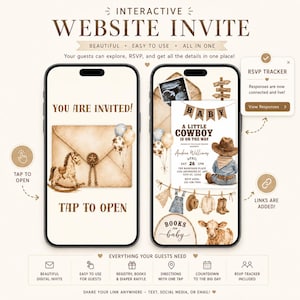 May include: Two smartphones displaying an interactive digital baby shower invitation with a cowboy theme. The screens show an envelope with a rocking horse, baby clothes on a clothesline, a calf, and text including 'A Little Cowboy Is On The Way'.