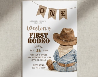 Invitación para el primer rodeo de niño/vaquero, invitación para cumpleaños, fiesta de primer cumpleaños del oeste, rodeo rústico, imprimible y editable, mi primer rodeo