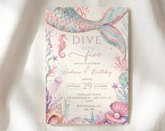 Dive Into Five Mermaid Birthday Invitation Template Editable Pastel Under the Sea Invite Watercolor Mermaid Tail Canva Invitation