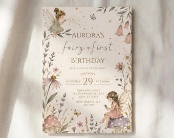 Fairy First Birthday Invitation Girl | Editable Canva Template | Woodland Party Invite | Digital Download | Enchanted Forest Theme