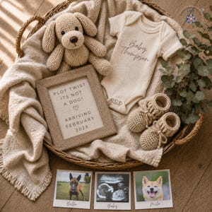 Op de afbeelding: Baby aankondiging in een rieten mand. De aankondiging bevat een ingelijst bord met tekst, een knuffelhond, een romper, babyschoentjes en drie foto's van honden en een echo. Het bord luidt "PLOT TWIST ITS NOT A DOG! ARRIVING FEBRUARY 202X".
