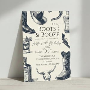 May include: An invitation with a western theme, featuring illustrations of cowboy boots, a hat, and liquor bottles. The text reads "Boots & Booze" and announces a 30th birthday party on March 25th at 3:00 PM.