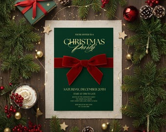 May include: A festive Christmas party invitation with a dark green background and a red velvet bow. The invitation text is in gold script. The invitation is surrounded by Christmas decorations, including fir branches and baubles.