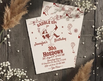 Invitación de cumpleaños editable para vaquera / Invitación de vaquera dibujada a mano / Ensillar / Descarga digital / Fiesta de cumpleaños número 30 de vaquera