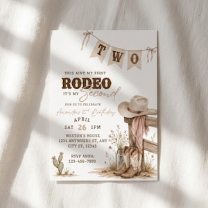 Könnte beinhalten: Eine Geburtstagseinladung mit Cowboy-Thema. Die Einladung enthält den Text "This ain't my first rodeo, it's my second" und Party-Details. Das Design umfasst einen Cowboyhut, Stiefel und einen Holzzaun.