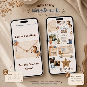 May include: Two smartphones displaying a digital rodeo-themed invitation. The left screen shows an envelope with a horse and the text 'You are invited! Tap the Star to Open!'. The right screen displays event details, photos, and a countdown timer.