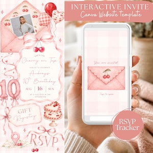 Könnte beinhalten: Eine digitale Einladungsvorlage mit rosa Vichy-Karo-Hintergrund, Aquarell-Kirschen, Luftballons und einem Kuchen. Das Design enthält Text für einen 10. Geburtstag, eine Geschenkliste und einen RSVP-Bereich, angezeigt auf einem Smartphone.