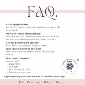 Puede incluir: Una hoja de preguntas frecuentes de descarga digital con la palabra "FAQ" en la parte superior. La hoja responde preguntas sobre el producto digital, incluidas opciones de personalizaci&oacute;n como el nombre del beb&eacute; y la fecha de vencimiento. Un logotipo est&aacute; en la esquina inferior derecha.