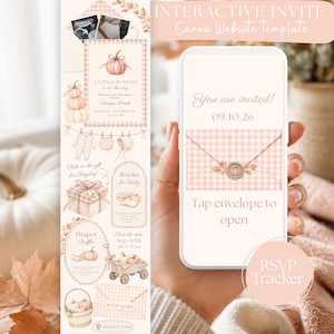 Könnte beinhalten: Eine digitale Babyparty-Einladungsvorlage mit einem zartrosa Vichy-Muster und Kürbis-Illustrationen. Das Design enthält Bereiche für Geschenkeliste, Bücher, Windel-Tombola und RSVP-Tracker, mit dem Text You are invited und Tap envelope to open.