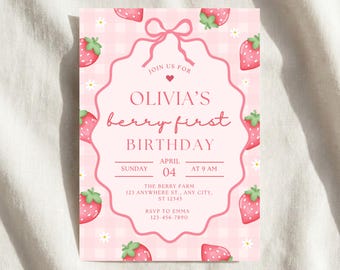 Strawberry Berry First Birthday Invitation Template |  First Birthday Invite Girl | Editable Pink gingham Strawberry Party Canva Download