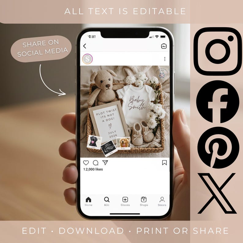 Puede incluir: Una captura de pantalla de un tel&eacute;fono inteligente muestra un anuncio de beb&eacute;. El anuncio incluye un body blanco, zapatos de beb&eacute;, un oso de peluche y un letrero que dice "Plot Twist It's Not A Dog!" con el texto "Baby Smith" y "July 2026". Iconos de redes sociales.