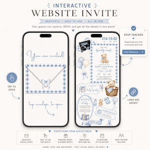 Inbjudan till interaktiv webbplats för babyshower med björnmotiv, redigerbar digital inbjudan i Canva med OSA-spårning och babyregister